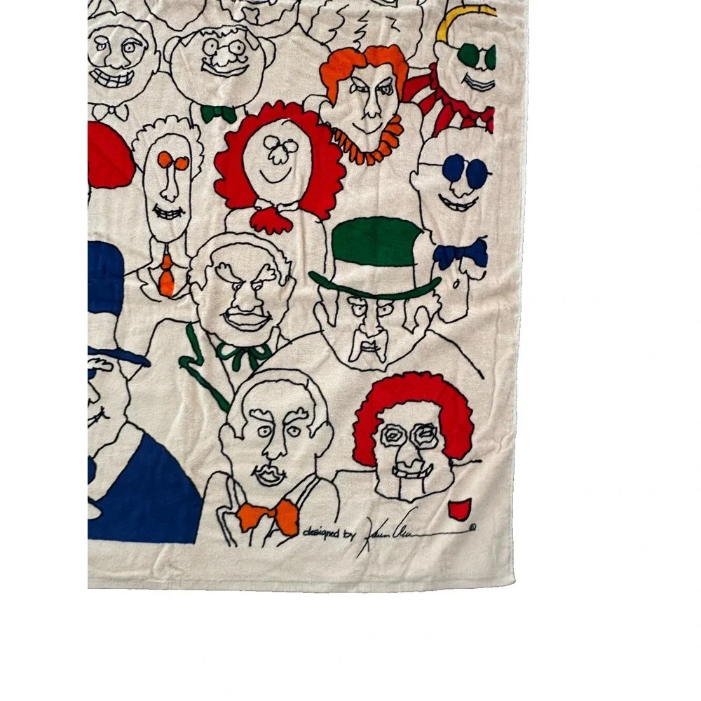vintage Allen International Large Towel People Faces 60x35 Signed Artist NOS